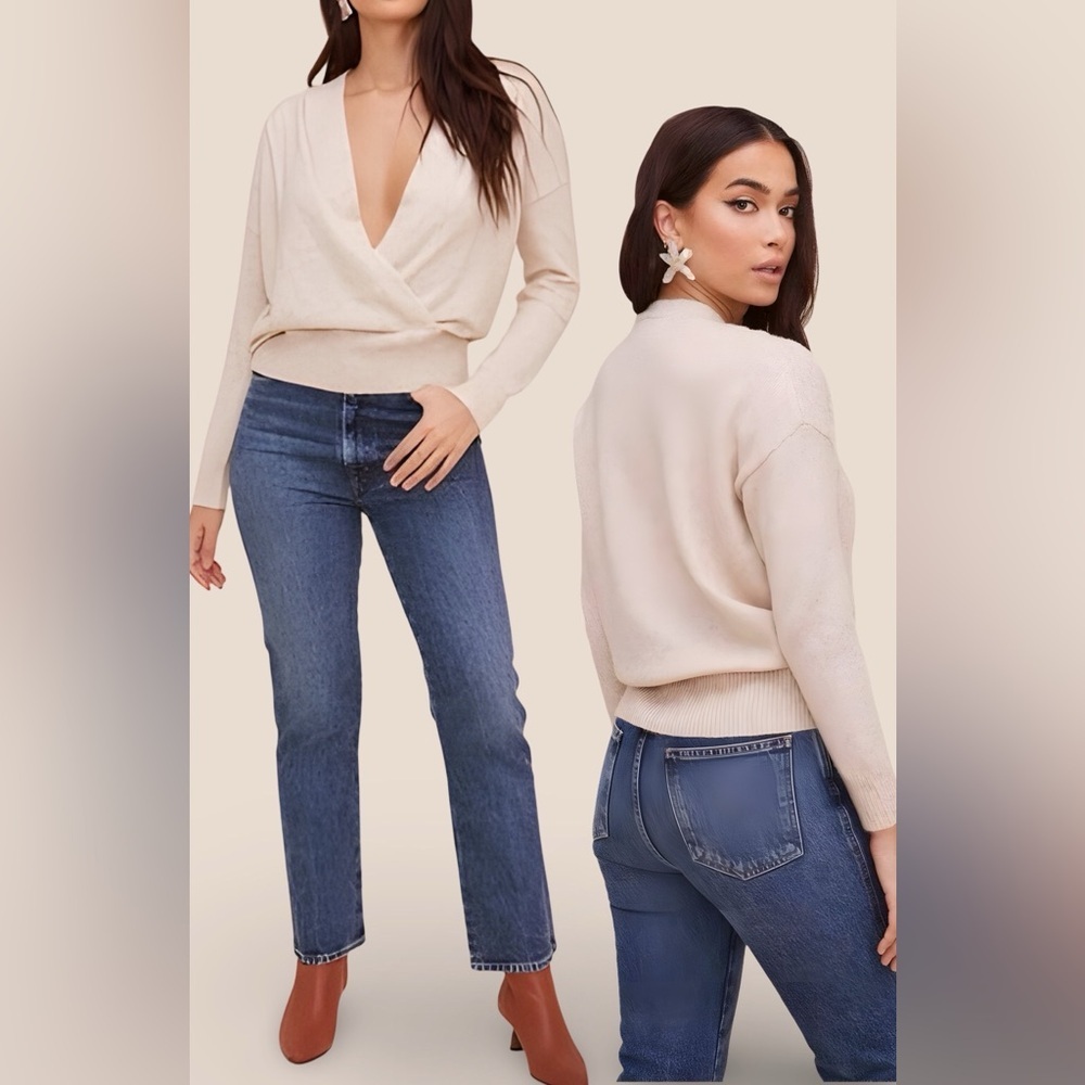ASTR The Label | Wool Blend Pleated Wrap Front Sweater | Oatmeal Cream | M